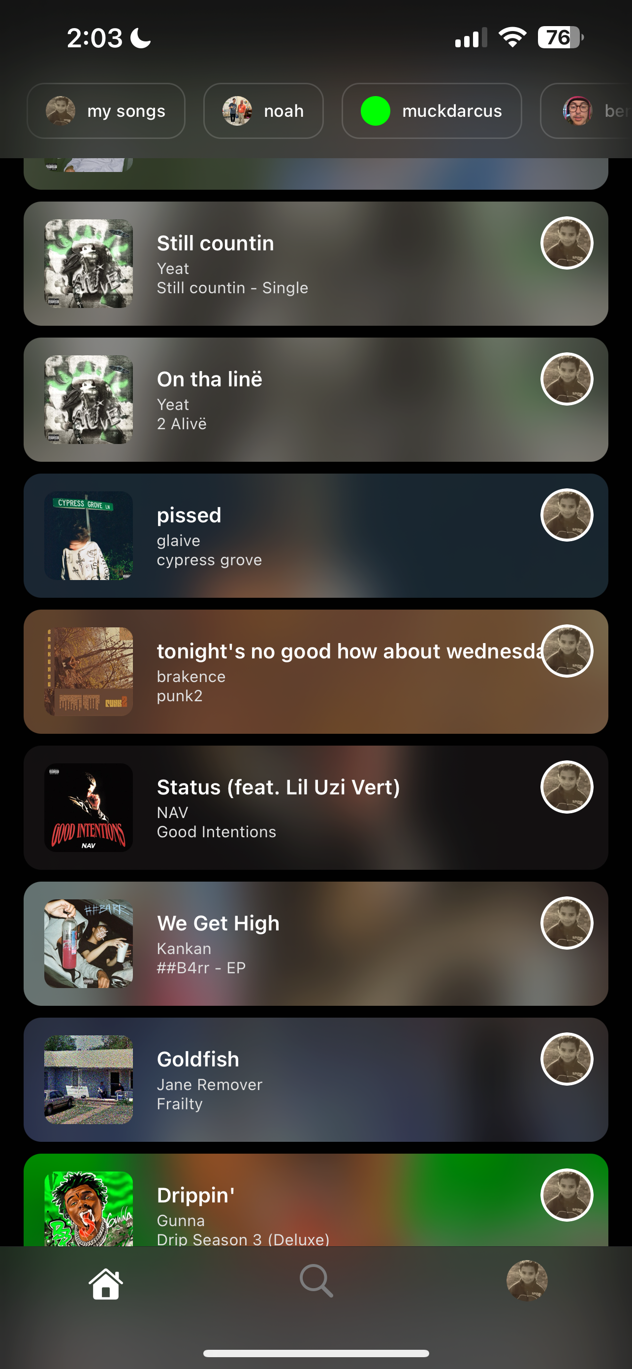 harmony app interface showing a music feed